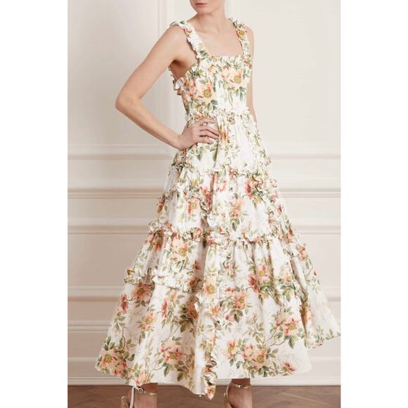 EUC Needle & Thread Dancing Roses Ankle Gown Tiered Ruffle Floral Cotton Dress 4 - Picture 1 of 16